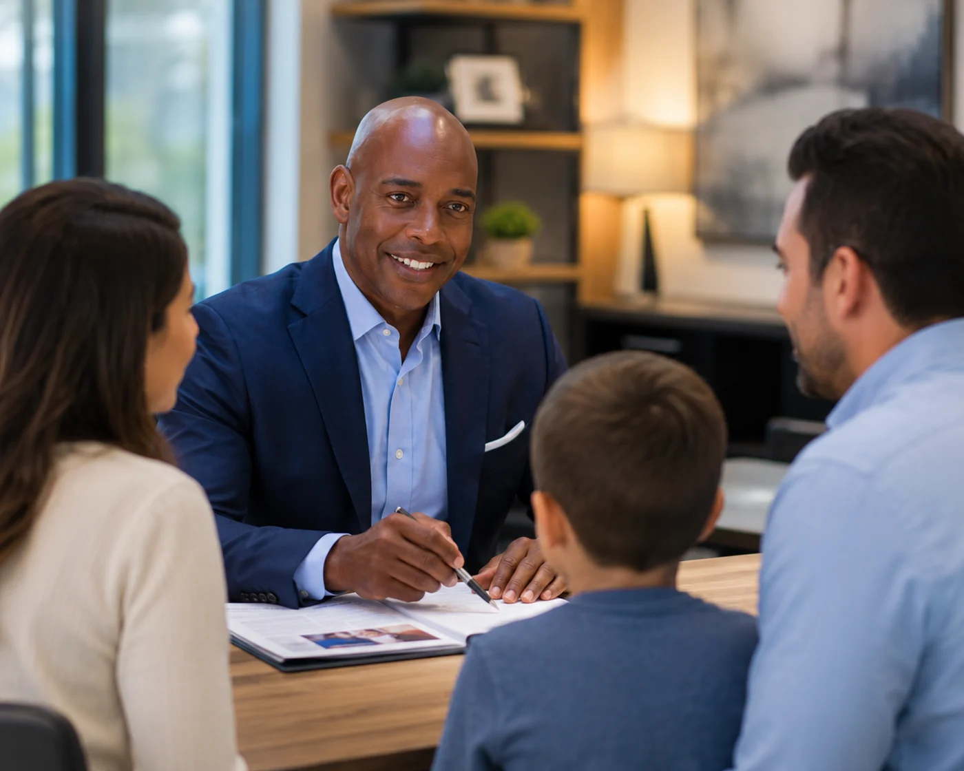 Danilo Williams reviewing coverage options with a family at his office